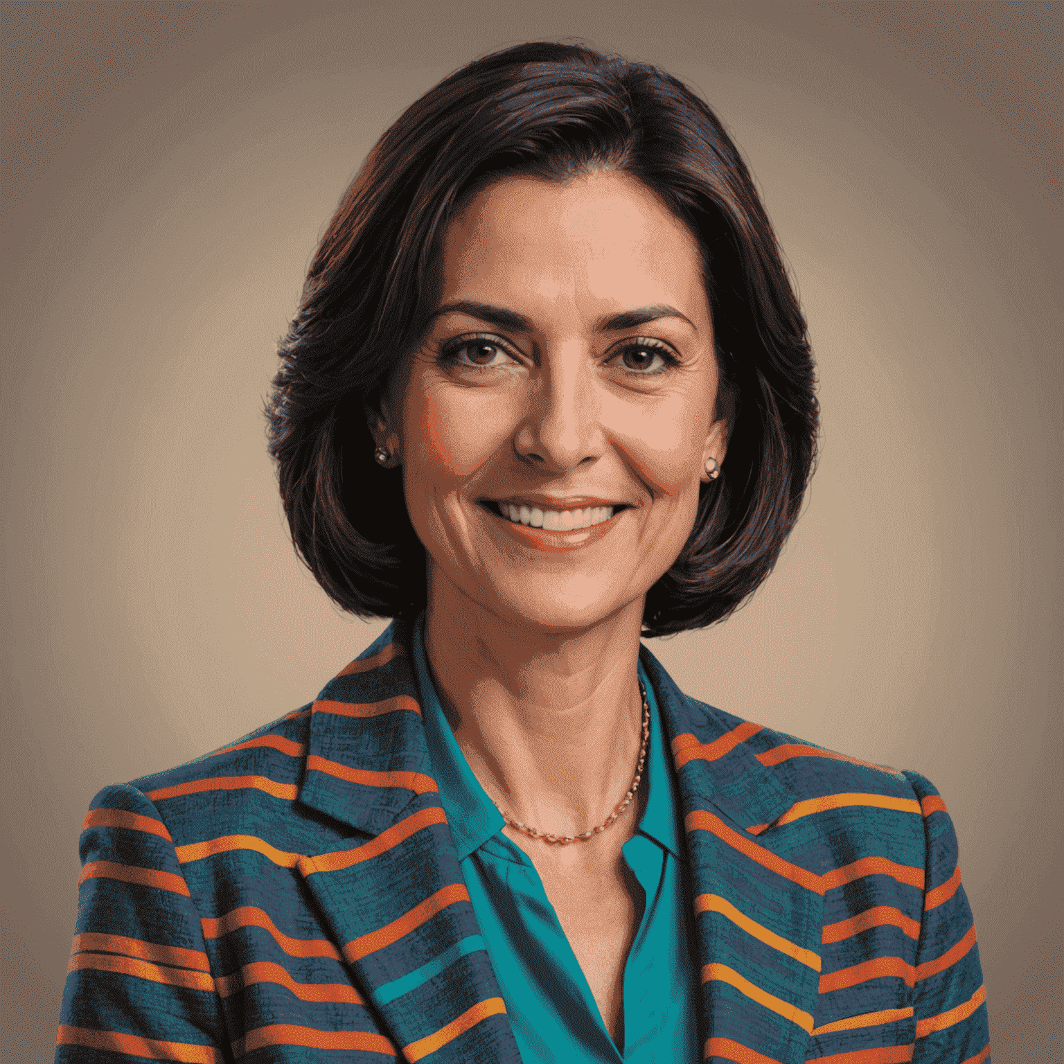 Portrait of Maria Garcia, CEO of Plinplag, a woman in her 40s with short dark hair and a warm smile, wearing a colorful blazer