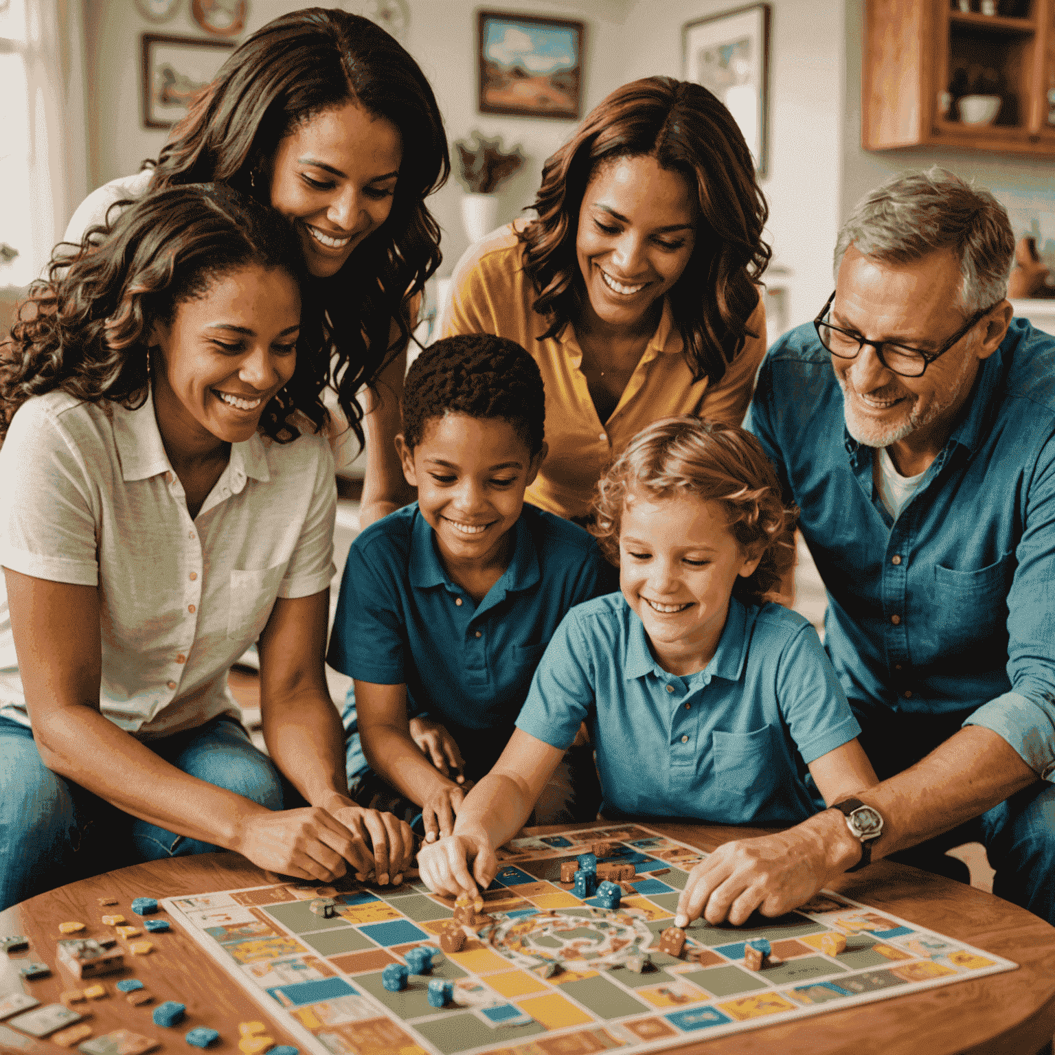 A happy family gathered around a table, engrossed in a colorful board game. Smiles and laughter are evident as they roll dice and move pieces.