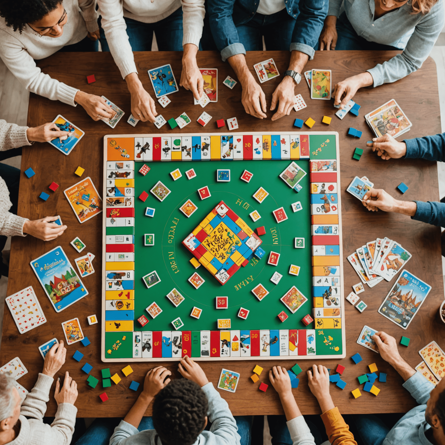 A collection of colorful family board games spread out on a table, with happy family members gathered around, ready to play. The image showcases various game boards, cards, and pieces, highlighting the diversity and excitement of game night.