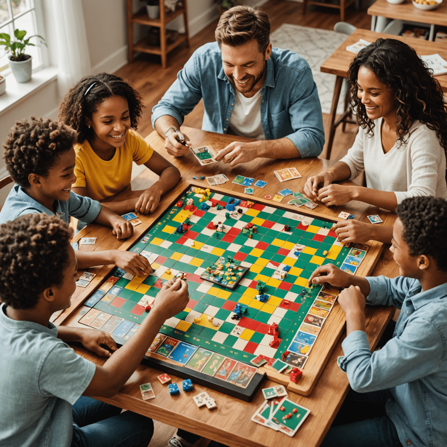 A family gathered around a table, laughing and playing board games. The table is filled with colorful game boards, cards, and pieces, creating a warm and inviting atmosphere for family game night.