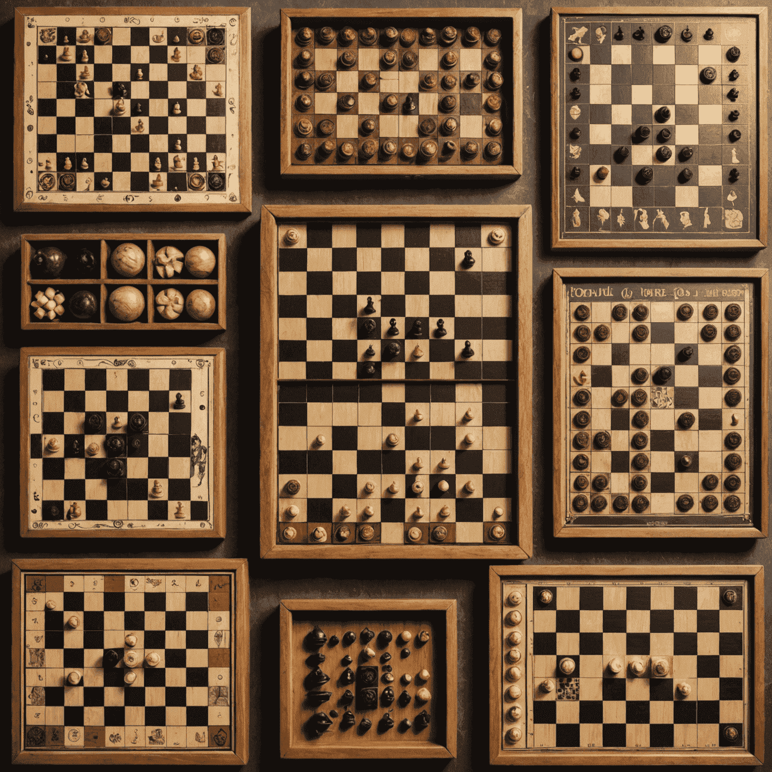 A collage of ancient and modern Spanish board games, including the Royal Game of Ur, chess, and modern family games