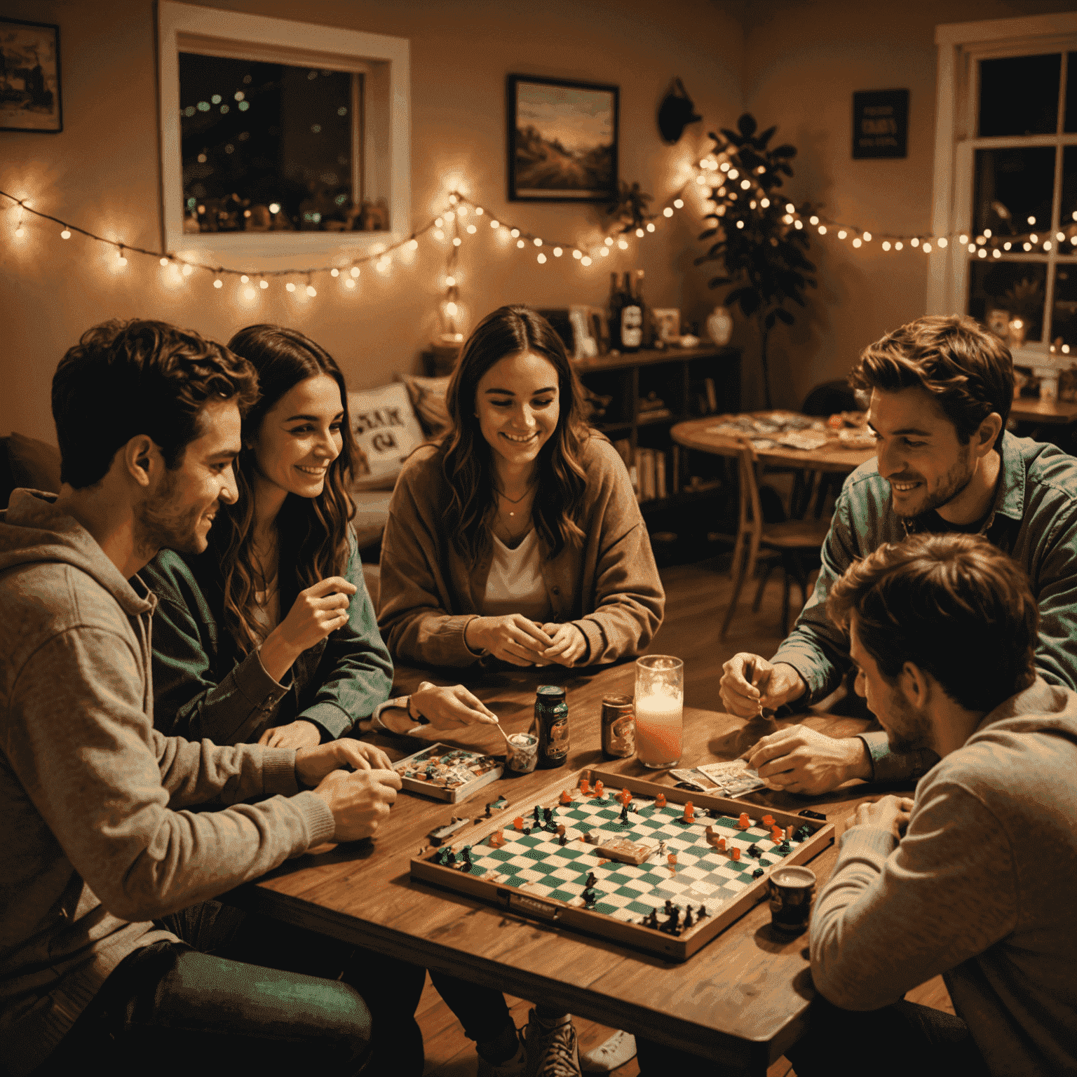 A group of friends gathered around a table with various board games, snacks, and drinks. The room is warmly lit with string lights, creating a cozy and inviting atmosphere for a game night.