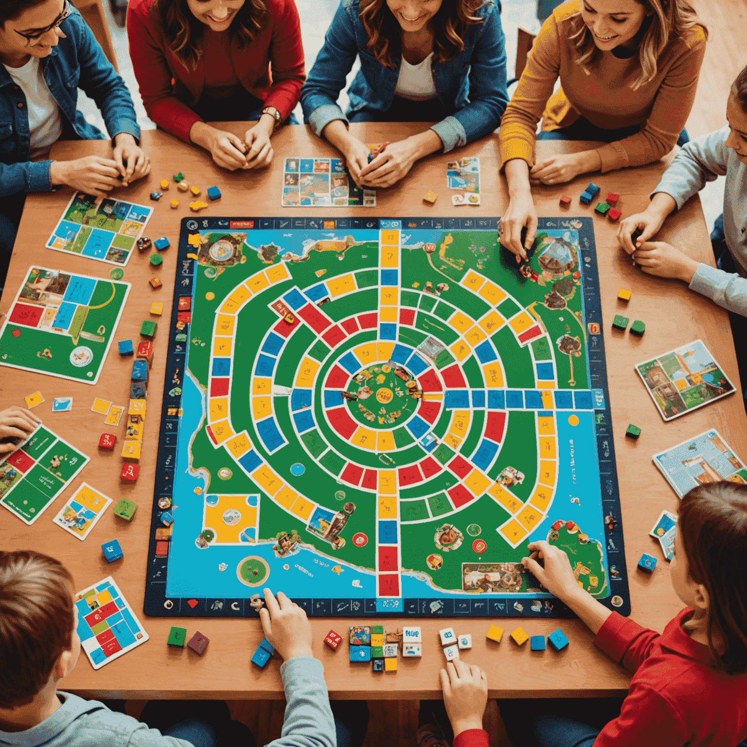 A collection of colorful educational board games spread out on a table, with children and adults gathered around, engaged in play and learning