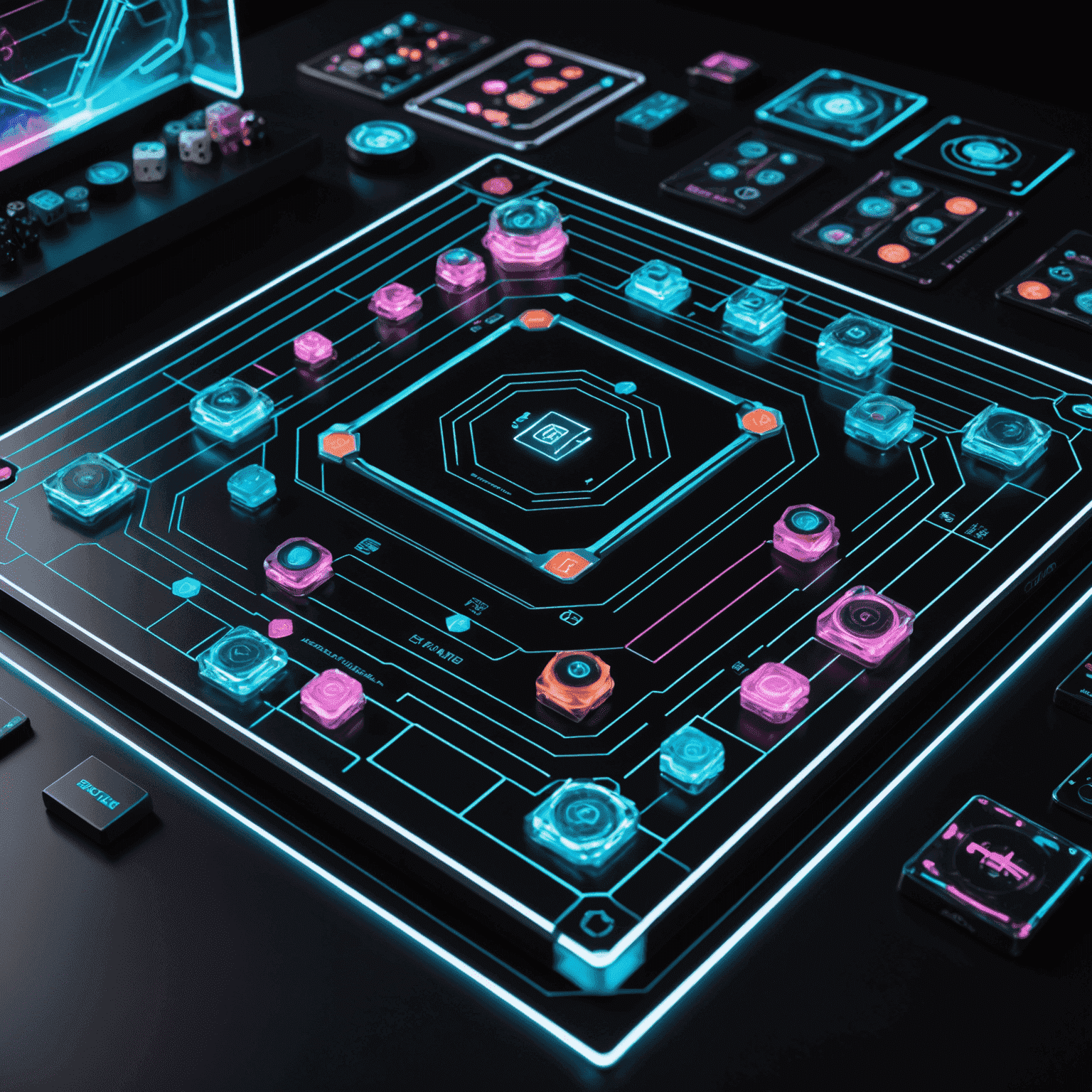 A futuristic board game setup with holographic pieces, neon accents, and a sleek black game board