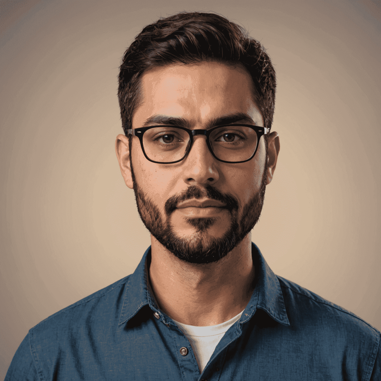 Portrait of Javier Ruiz, Creative Director of Plinplag, a man in his 30s with glasses and a beard, wearing a casual shirt