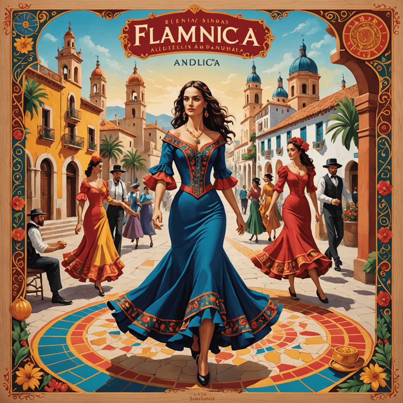 A beautifully designed board game with Spanish-inspired artwork, featuring vibrant colors, intricate patterns, and elements of Spanish culture such as flamenco dancers and historic landmarks.