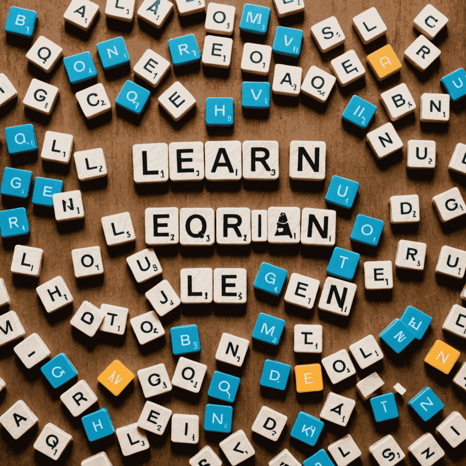 Scrabble board game set up with letter tiles spelling out 'LEARN'