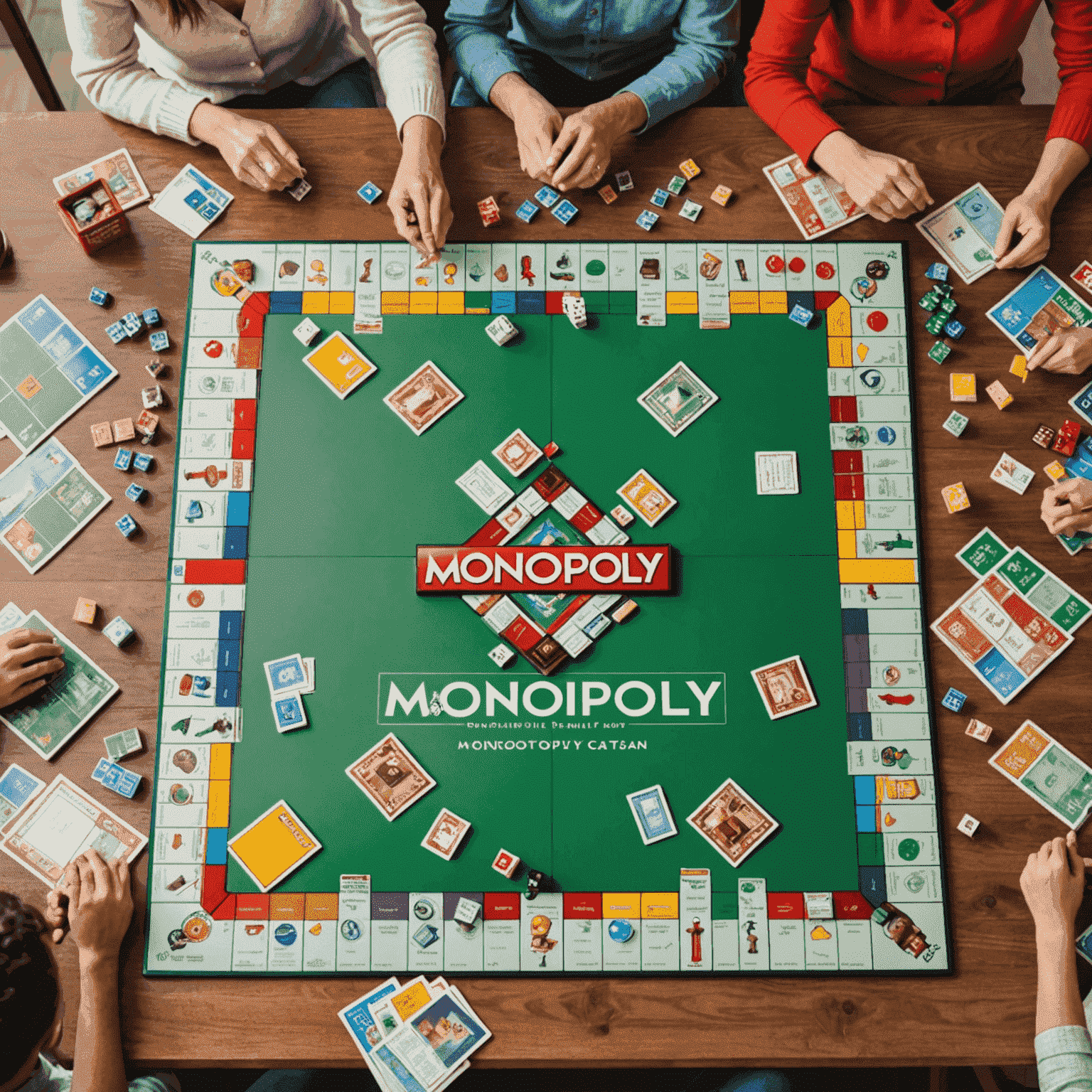 Various colorful board games spread out on a table, with happy family members gathered around, ready to play. The image showcases popular family-friendly games like Monopoly, Scrabble, and Catan.