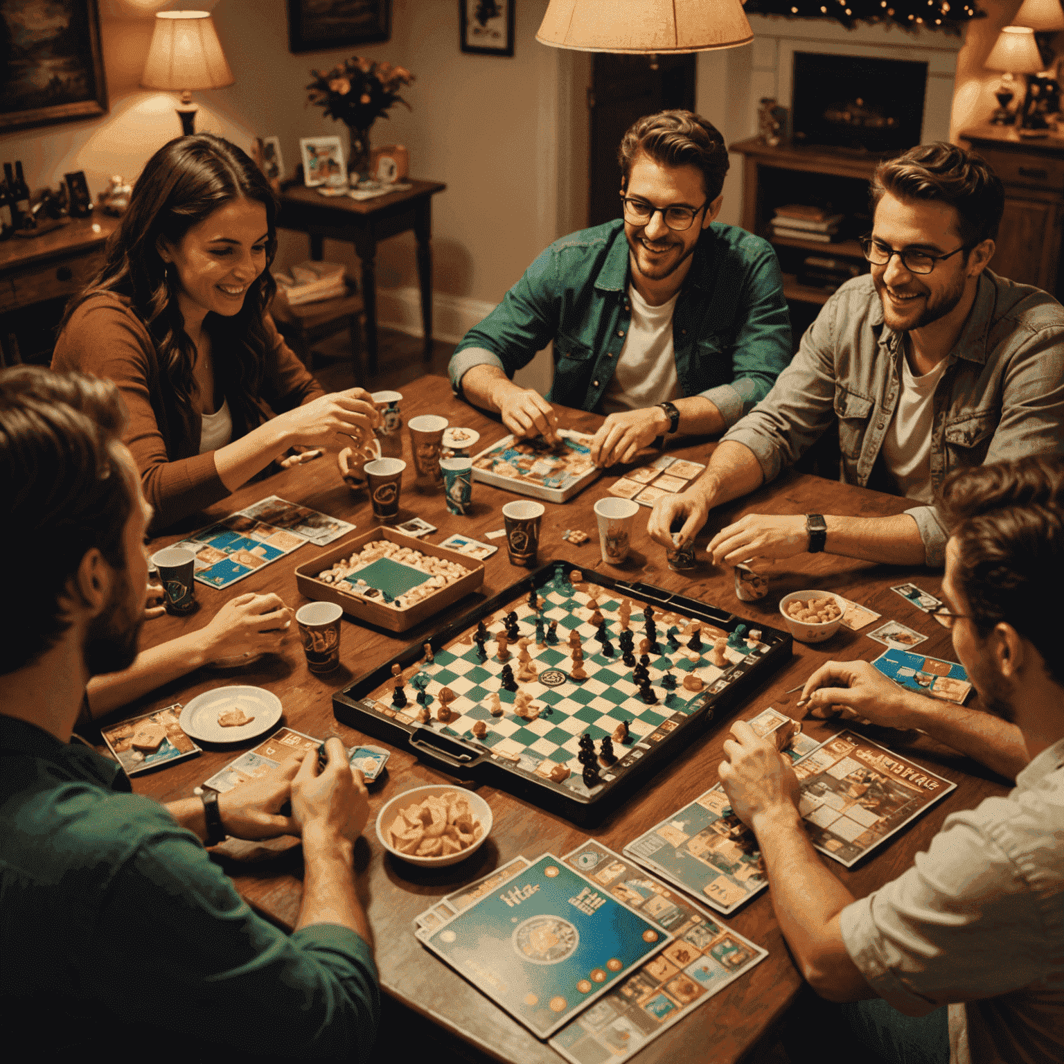 A lively scene of a board game party in progress. The image shows a group of friends gathered around a table filled with various board games, snacks, and drinks. The atmosphere is festive with decorations and good lighting.