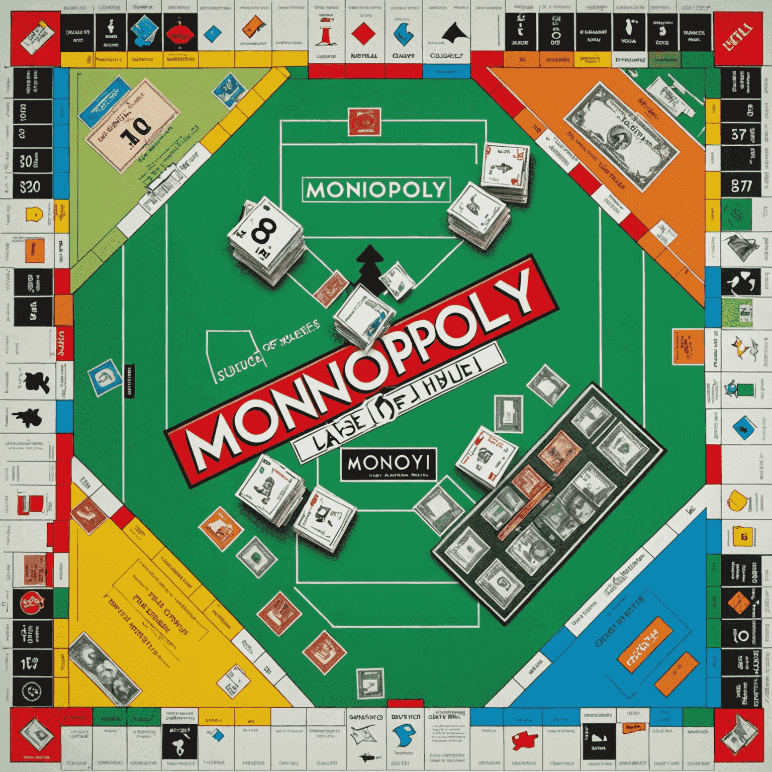 Monopoly board with colorful properties and play money