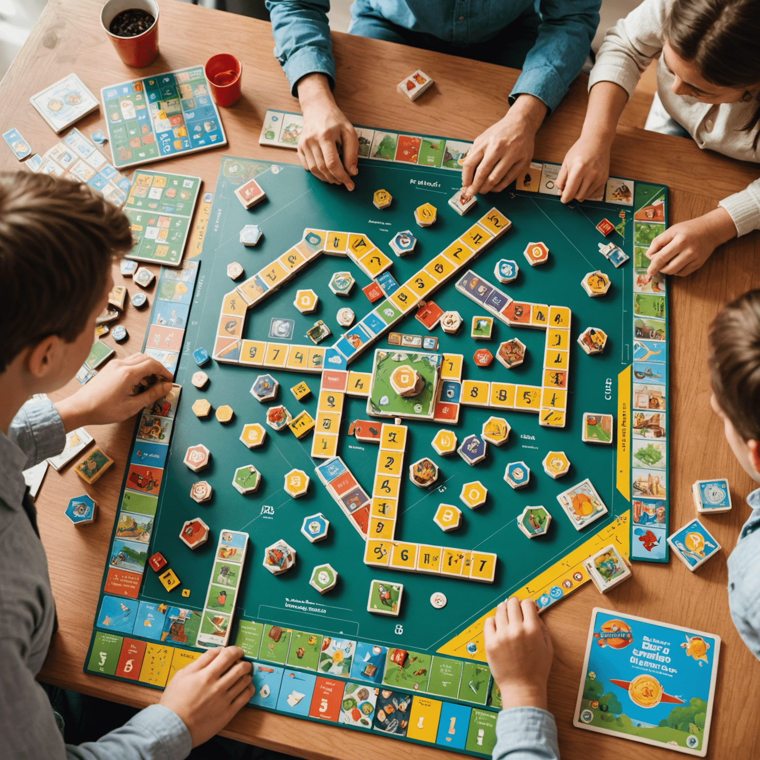 A collection of educational board games displayed on a table. The image shows games focusing on various subjects like math, language, science, and history. Children and adults are seen engaged in playing these games, highlighting the learning aspect.