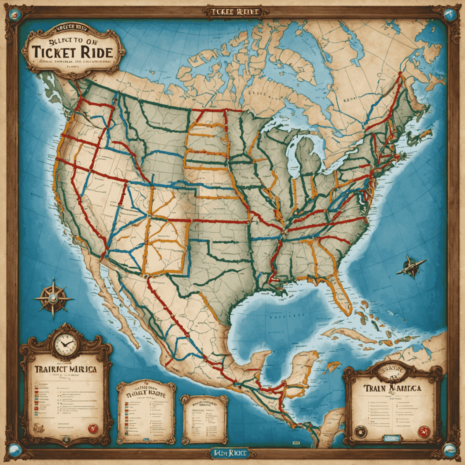 Ticket to Ride game board showing a map of train routes across North America