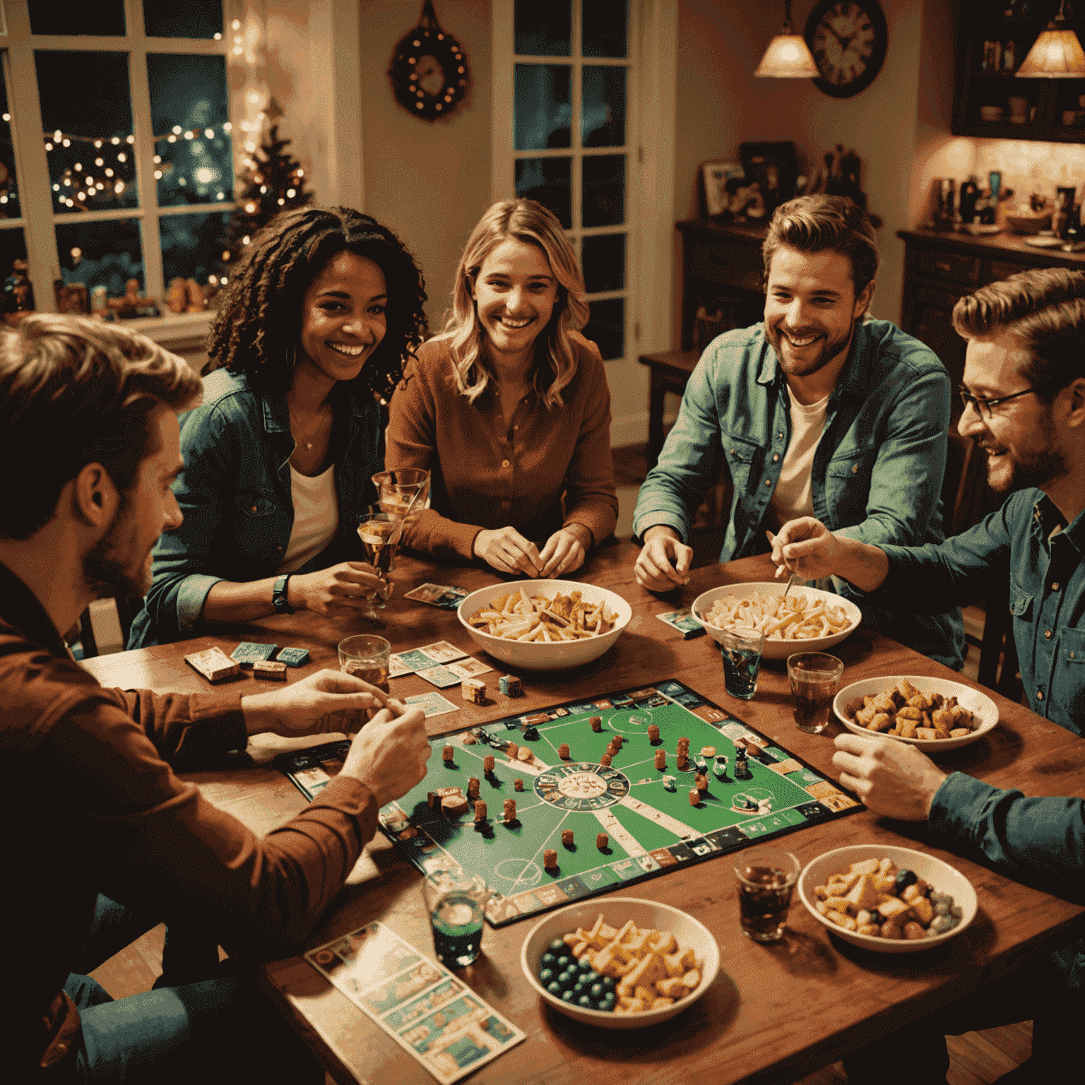 A lively scene of a board game party in progress. The image shows a group of friends gathered around a table with multiple board games, snacks, and drinks. The atmosphere is festive with decorations and good lighting.