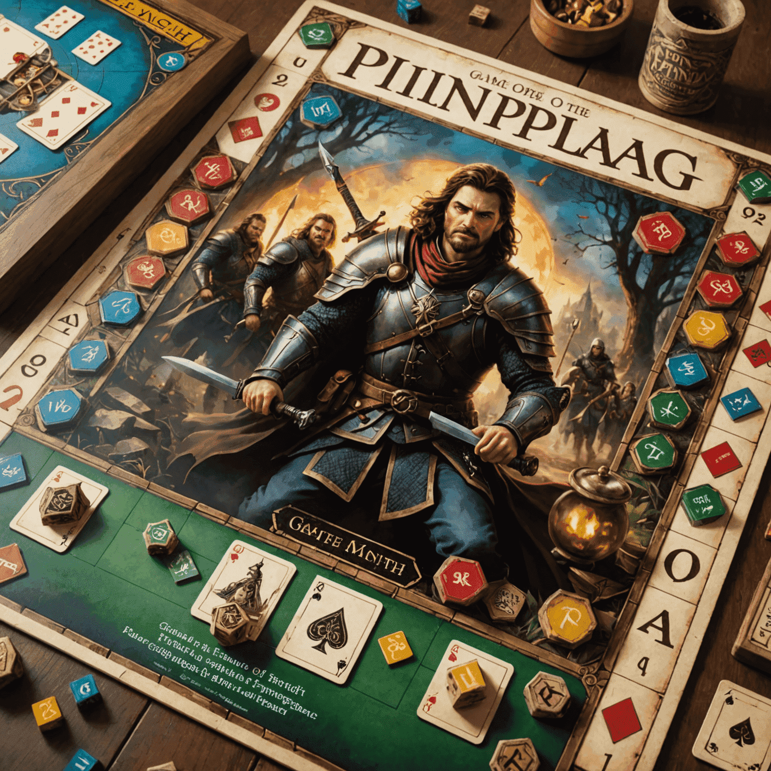 A detailed close-up of Plinplag's featured game of the month. The image showcases the game board, pieces, and cards in an artistic arrangement. A 'Game of the Month' banner is prominently displayed, along with Plinplag's logo.